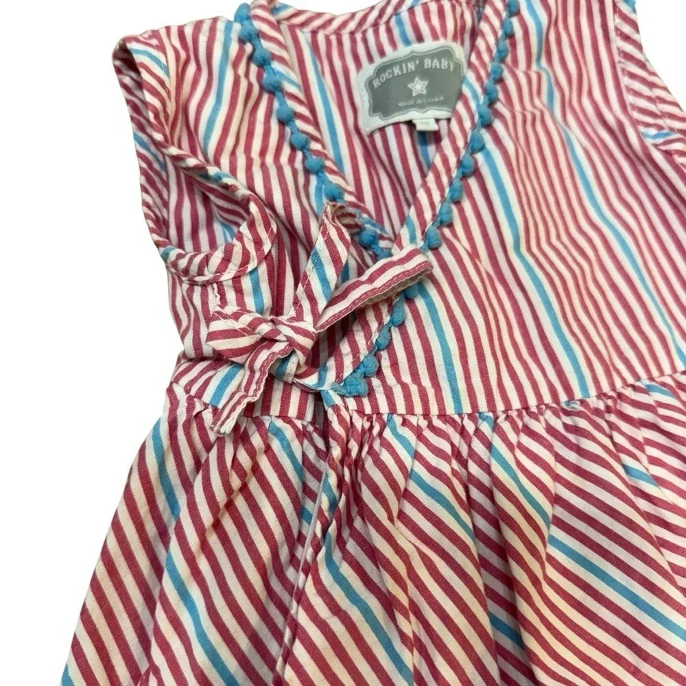 Rockin Baby Pink Blue Stripe Wrap‎ Dress Ruffle Hem Kids Size 2T